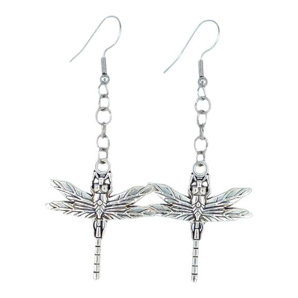 Large Dragonfly Earrings Silver Tone Statement Bug Jewelry - Picture 1 of 3